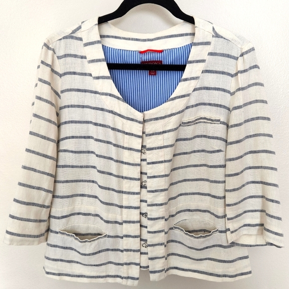 Merona - Striped Linen Crop Jacket - Ivory Cream/ Blue - Size Large - Picture 2 of 12